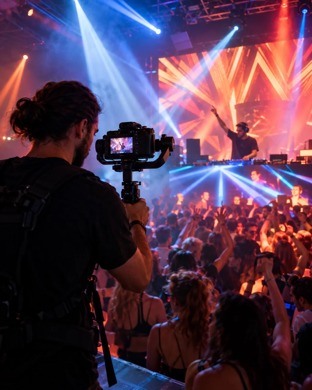 Operador audiovisual grabando una actuación de DJ entre el público