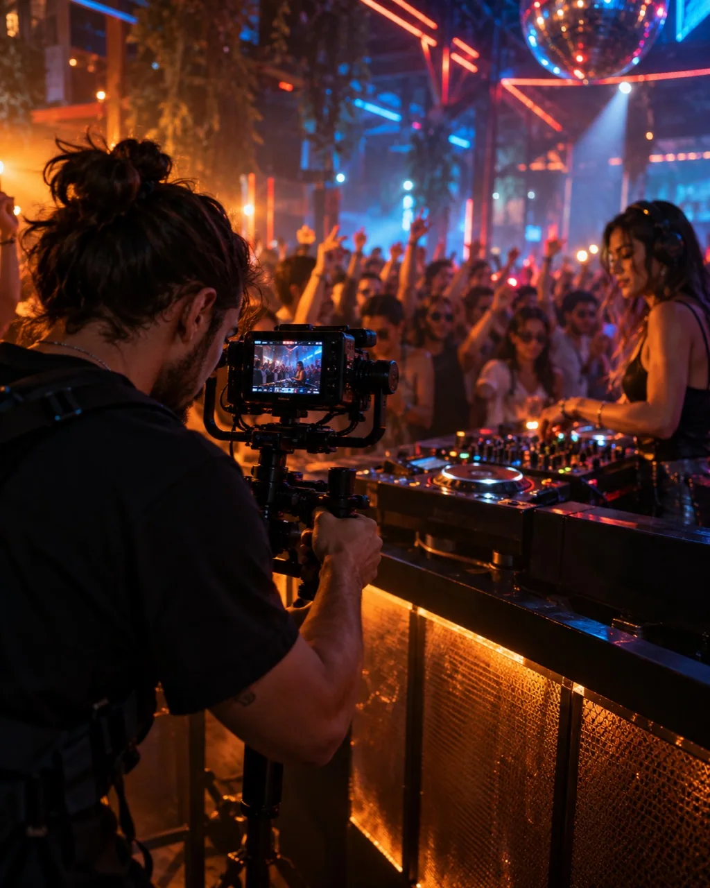 Cámara de vídeo capturando una sesión de DJ y la pista iluminada
